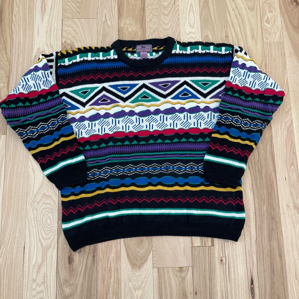 Vintage Coogi Style 3D Chunky Knit Sweater Men’s Size XL Purple Black Geometric